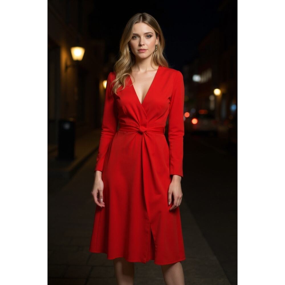 Emporio Armani Italy Red Silk V-neck Twist Front Long Sleeve Dress